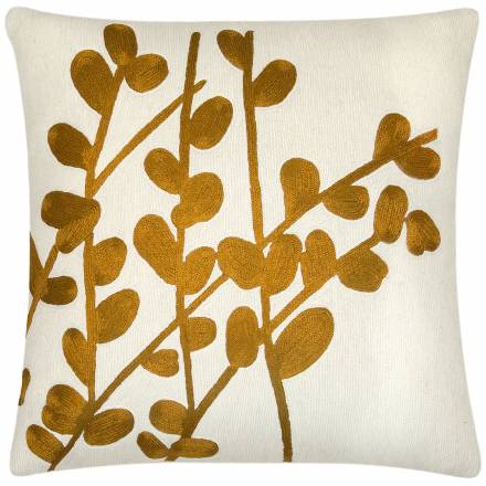 Judy Ross Textiles Hand-Embroidered Chain Stitch Spray Throw Pillow cream/gold rayon